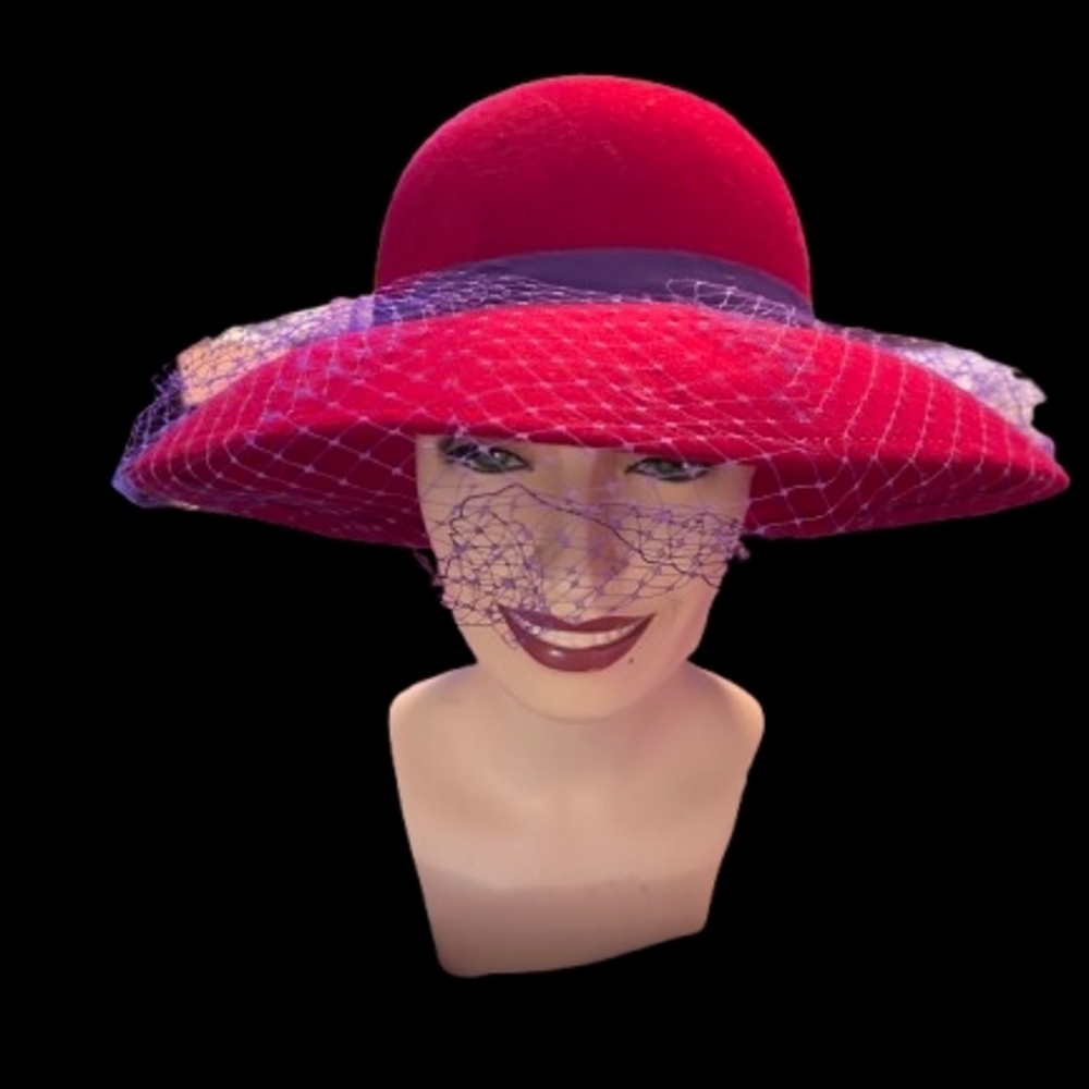 Wool Red Hat with Purple Netting Like New